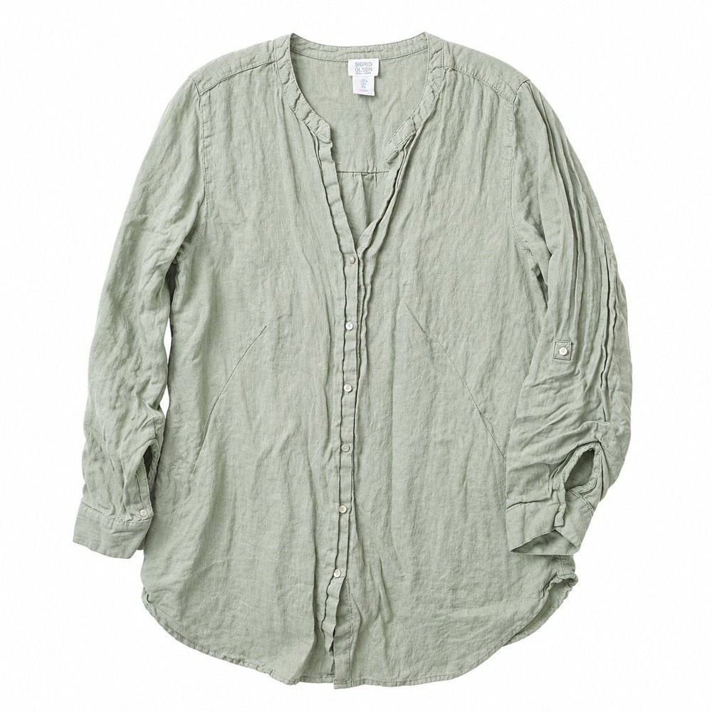 SIGRID OLSEN Linen Roll-Tab Sleeve Button Front Tunic Top Sz L Green Lagenlook